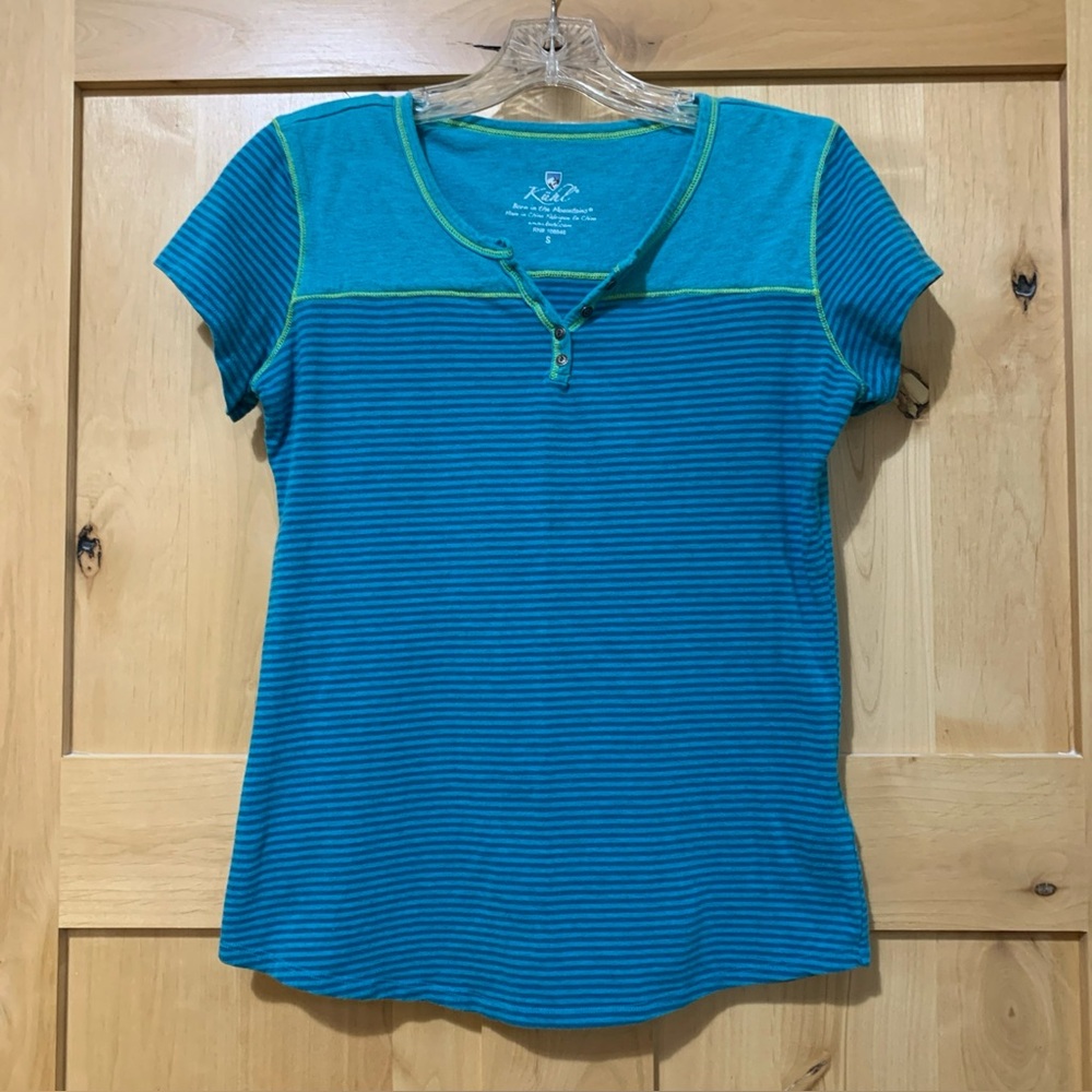 Kuhl Women's T-Shirt Size S Born in the Mountains Henley Cap Sleeve Teal